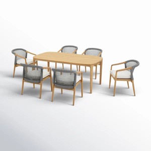 Linear Planked Wood 6 Piece Outdoor Dining Set Textured Weave Back Armchairs & Rectangular Table Ensemble - 1 of 4