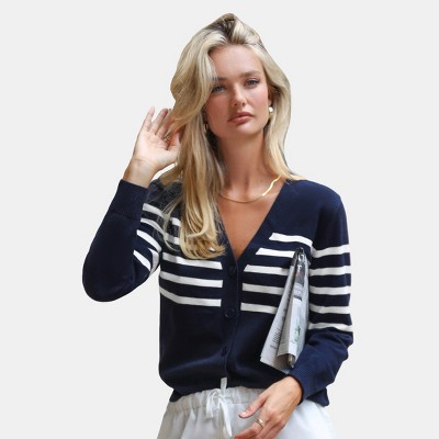 Women's Navy Nautical Long Sleeve Cardigan - Cupshe