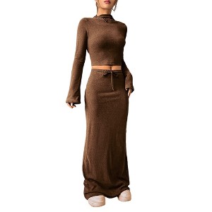 Women's 2 Piece Sets Fall Casual Long Sleeve Crop Tops Pencil Skirt Matching Outfit Fashion Clothing - 1 of 4