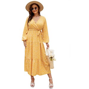 Plus Size Women's V Neck Long Sleeve Maxi Dress Floor Length Elegant Casual - 1 of 4