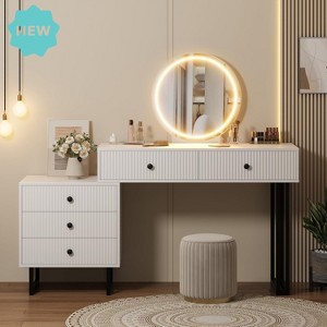 Jojoka Vanity Desk with Mirror and 3-Color LED Lights, Adjustable Brightness, 5 Drawers, Modern Makeup Table for Bedroom - 1 of 4