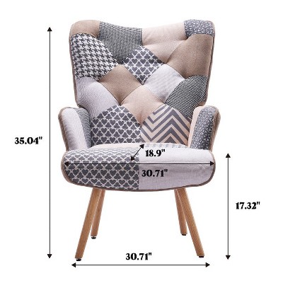 Gray Patchwork Velvet Wingback Accent Chair with Wood Legs