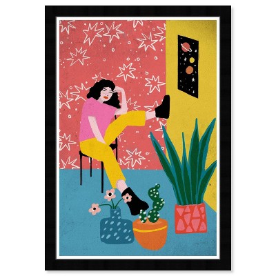 15" x 21" Home with my plants Retro Portraits Framed Wall Art Print Yellow - Wynwood Studio