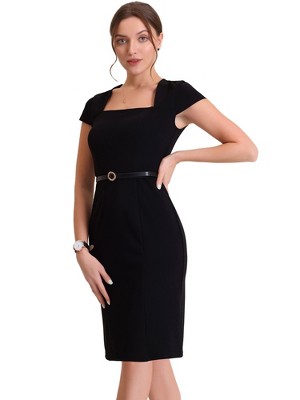 Allegra K Women's Vintage Cap Sleeve Belted Square Neck Sheath Dress