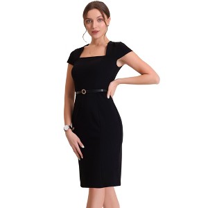 Allegra K Women's Vintage Cap Sleeve Belted Square Neck Sheath Dress - 1 of 4