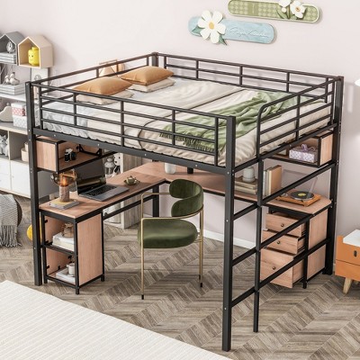 NicBex Full Size Metal High Loft Bed with Bookcase,Desk&Cabinet,Space-Saving&Noise Reduced Gaming Loft Beds for Gamers,Ample Storage,350lbs Max,Black