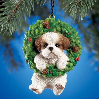 Hand-Painted Brown Shih Tzu in Evergreen Wreath Ornament