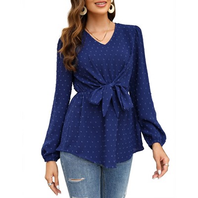 Womens Peplum Blouse Long Sleeve Tops Swiss Dot V Neck Tunic Blouse Tie Waist Tops