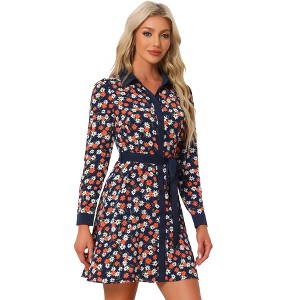Allegra K Women's Contrast Collar Button Front Vintage Long Sleeve Floral Shirt Dresses - 1 of 4