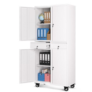 Acekool 73'' Metal Storage Cabinet with Wheels, Locking Doors, 2 Drawers, Adjustable Shelves for Garage Office, White - 1 of 4