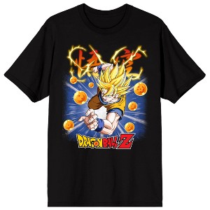 Dragon Ball Z Super Saiyan Goku, Seven Dragon Balls, Kanji Text with Aura, Logo, Speeding Background on Black Short Sleeve Adult T-Shirt - 1 of 4