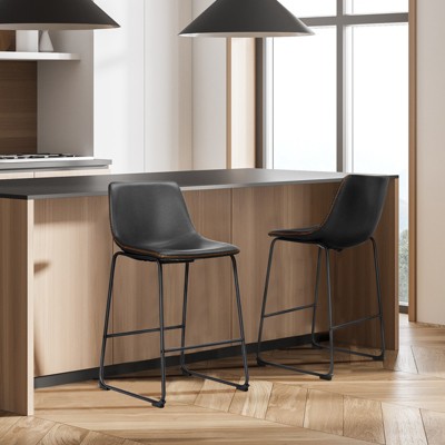 FURNIinspire Counter And Bar Stools Armless Faux Leather Barstools With Metal Legs And Footrest, Dining Chairs For Kitchen, Black, 18.9"*18.7"*36.2"