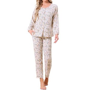 INSPIRE CHIC Women's Cotton Pajamas Long Sleeve Round Neck Button Down Floral Set with Pocket - 1 of 4