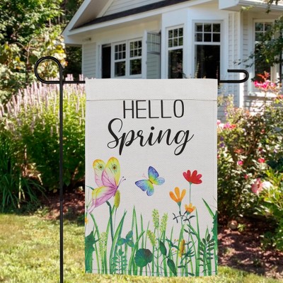 White Polyester Spring Garden Flag with Butterflies and Flowers