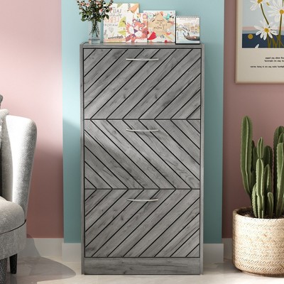 FUFU&GAGA Grey Woodgrain 3-Drawer Flip-Flop Shoe Cabinet with Hollow Out Design