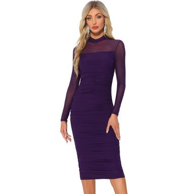 Inspire Chic Women's Mesh Mock Neck Long Sleeve Ruched Elegant Cocktail Bodycon Dress Purple Large