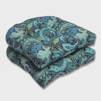 2pc OutdoorWicker Seat Cushion Set - Navy/Turqouise/Paisley - Pillow Perfect: Weather-Resistant, Tufted, Polyester Fiber Fill