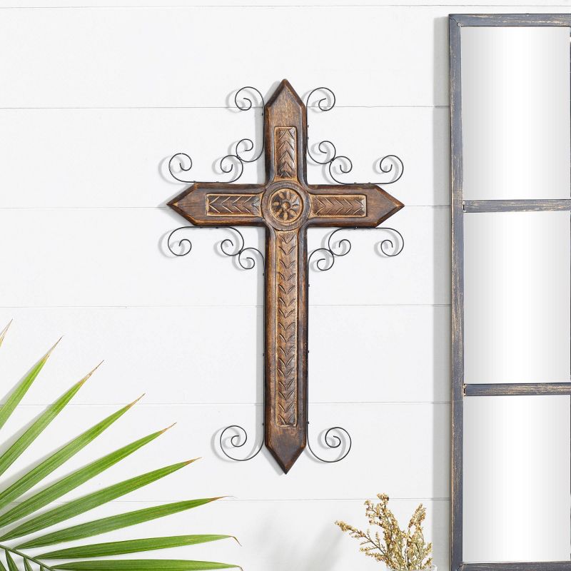 Mango Wood Biblical Carved Cross Wall Decor with Metal Scrollwork Brown - Olivia &#38; May, 1 of 7