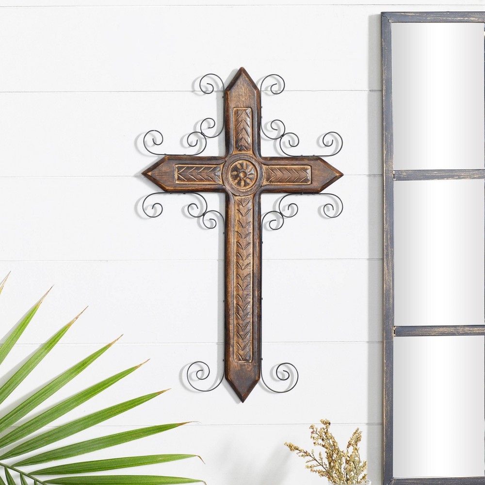 Photos - Wallpaper Mango Wood Biblical Carved Cross Wall Decor with Metal Scrollwork Brown 