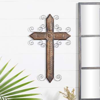 Mango Wood Biblical Carved Cross Wall Decor with Metal Scrollwork Brown - Olivia & May