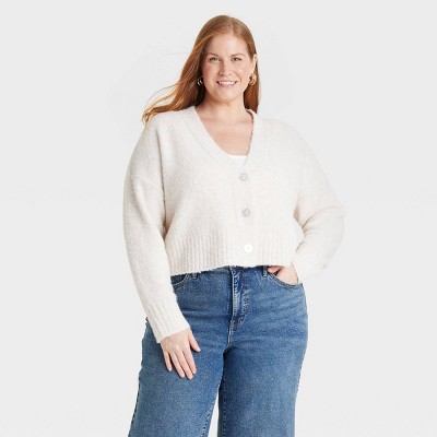 Women's Button-Front Knitted Cardigan - Ava & Viv™ Cream 2X