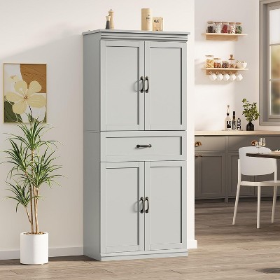 70" Gray Pantry Cabinet - Freestanding Storage with Adjustable Shelves & Doors for Kitchen, Dining Room or Bathroom
