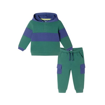 Image of Andy & Evan Infant  Navy & Green Color Blocked Terry Hoodie & Pant Set, Size 3-6 Months.