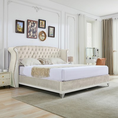 Christopher Knight Home Nathan Velvet Tufted Platform Bed with Wingback Headboard and Nailhead Trim