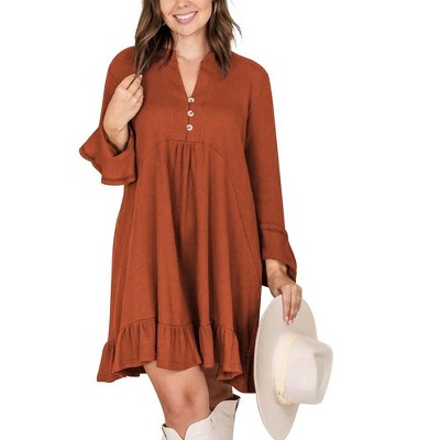 WhizMax Women V-Neck Ruffle Edge Loose-Fit Casual Long Sleeve Dress