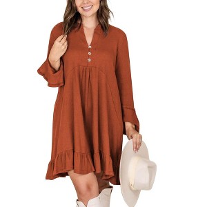 Women T Shirt Dress Bell Sleeve Button Trim V Neck Ruffle Mini Dresses - 1 of 2