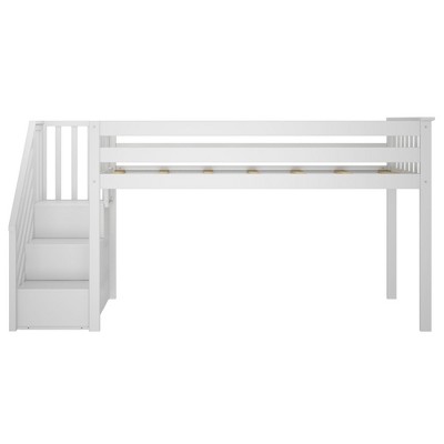 White Twin Low Loft Bed with Storage Stairs and Pine Frame