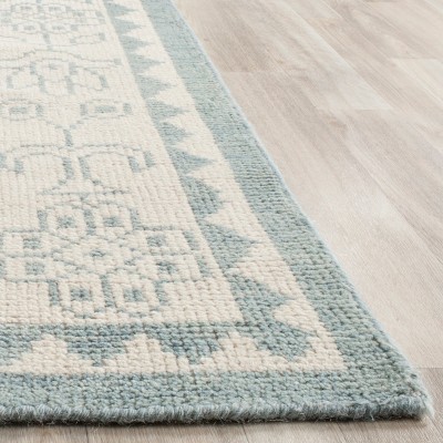 Ivory and Blue Hand-Knotted Wool Square Area Rug