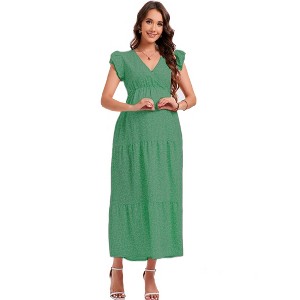 Coolmee Women Summer Maternity Maxi Dresss Floral Wrap V Neck Flutter Short Sleeve Ruffle Tiered Boho Casual Flowy Wedding Guest Long Dress - 1 of 2