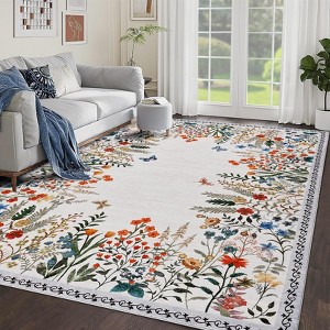 Boho Floral Rugs for Living Room Decor Flower Area Rug Washable Farmhouse Floor Carpet Non Slip Botanical Accent Rug for Nursery Bedroom - 1 of 4