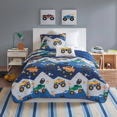 Blue Monster Truck Microfiber Reversible Twin Quilt Set