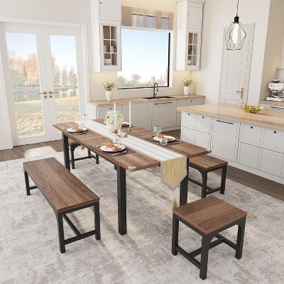 5 Pieces Dining Table Set for 4-6, 63" Large Extendable Dining Room Table Set for 4, Kitchen Table with Benches and Stools Space-Walnut