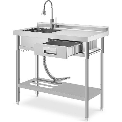 Stainless Steel Utility Sink, Workbench & Storage Drawer, Includes Pull-Out Faucet & Knife Rack, Adjustable Legs for Kitchen, Garage, Laundry