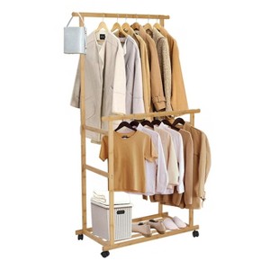 Artloge Thicken Double Rod Bamboo Hanging Clothes Rack Portable Rolling Coat Garment Stand Storage Organizer with Shoe Shelves & Wheels - 1 of 4