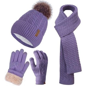 ZUPPAD Winter Hat Scarf Gloves Set for Women, Classic Cable Beanie with Removable Pom Pom Long Scarf Touchscreen Gloves 3 in 1 Set - 1 of 4