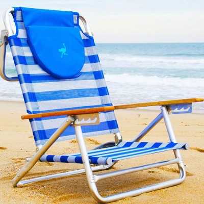 Blue Aluminum 5-Position Beach Chair with Wooden Armrests