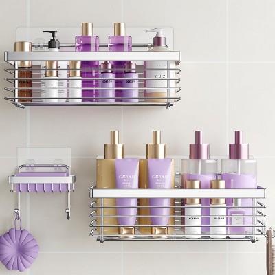 Shower Cage Stainless Steel Shower Bathroom Organizer 3-Pack - No Drilling Required - Rust-Resistant Wall-Mounted Stick-On Shower Basket - Silver