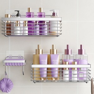 Shower Cage Stainless Steel Shower Bathroom Organizer 3-Pack - No Drilling Required - Rust-Resistant Wall-Mounted Stick-On Shower Basket - Silver - 1 of 4
