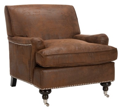 Espresso Birch Wood & Brown Faux Leather Armchair with Casters