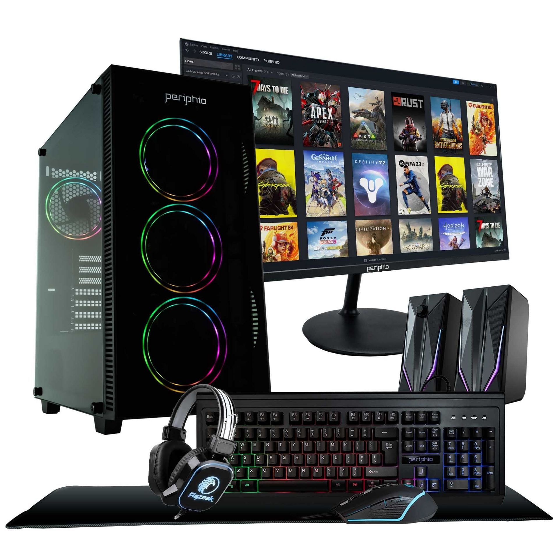 Periphio Terra Gaming PC Desktop, Full Battlestation Bundle - AMD Ryzen 5, Radeon Vega 7 iGPU, 16GB RAM, 1TB NVMe SSD, Windows 11 Gaming Computer Kit