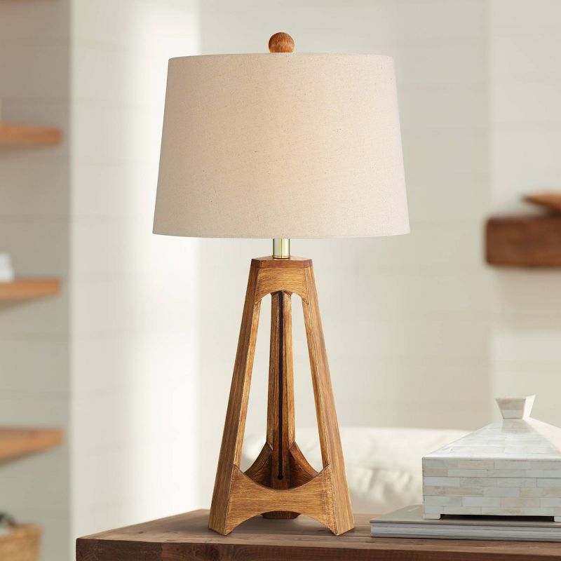 360 Lighting Archie Modern Mid Century Table Lamp 27 1/2" Tall Wood Tripod Off White Oatmeal Drum Shade for Bedroom Living Room Bedside Nightstand, 2 of 10