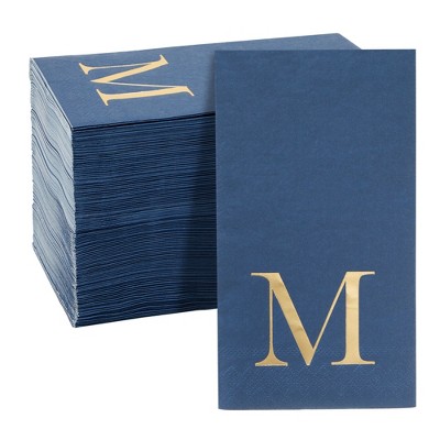 100 Navy Monogrammed Napkins Gold Foil Initial for Engagement, Wedding (4x8 Inches)