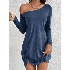 Coolmee Women's Off Shoulder Dresses Casual Loose Fit Long Sleeve Tee Shirt Dress Soft Comfy Vacation Beach Sundress Mini - 1 of 4