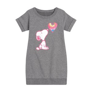 - Peanuts - Snoopy Pastel Rainbow Heart Graphic Short Sleeve Fleece Dress - 1 of 4