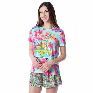 Scooby-Doo Womens' Mystery Machine Tie Dye Sleep Pajama Set Short Multicolored - 1 of 4