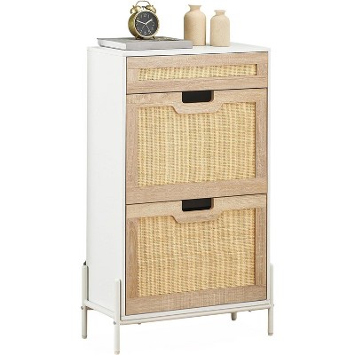 Natural Rattan Shoe Cabinet, 2 Flip Door Entrance Shoe Cabinet with a Drawer, Freestanding Entry Way Shoe Storage Cabinet